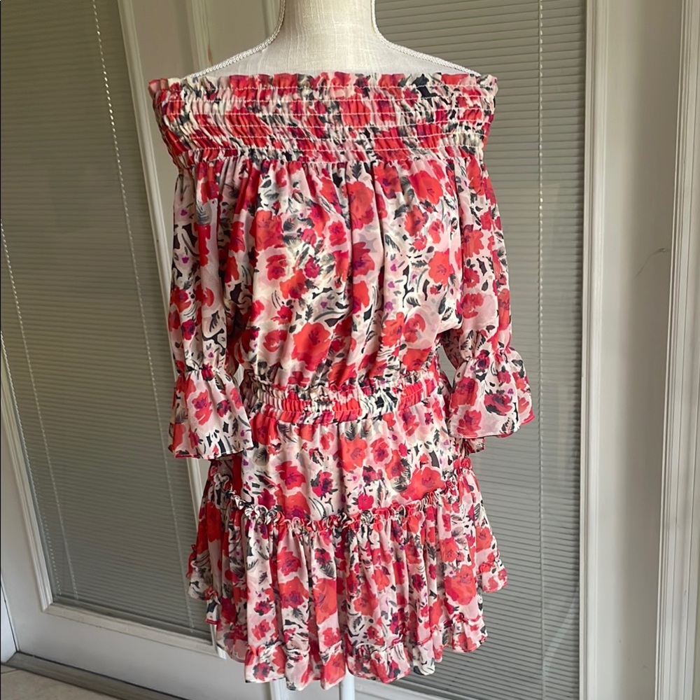 MISA Los Angeles red floral off the shoulder mini dress size XS
